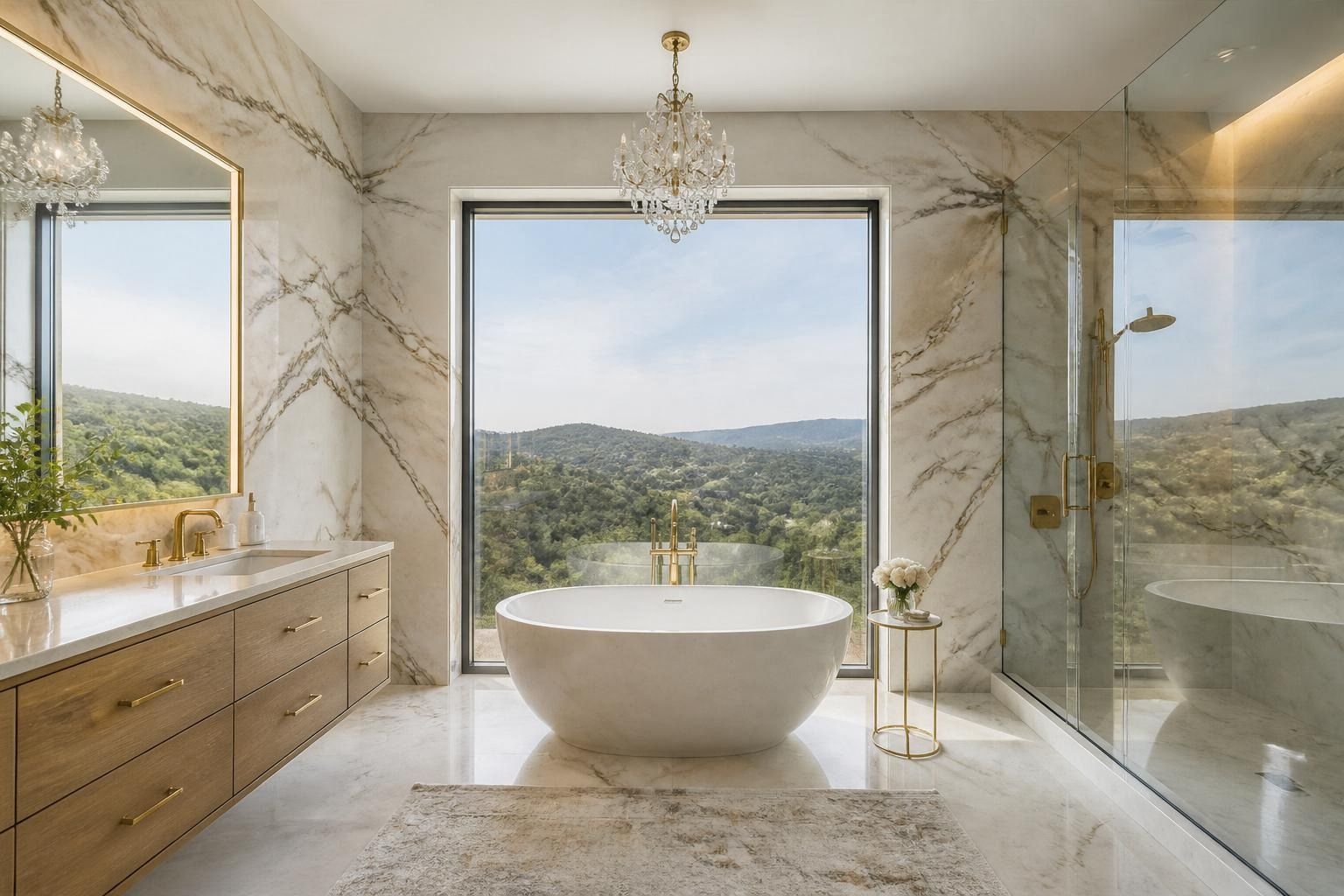 Marble primary bathroom with a freestanding tub and Hill Country view